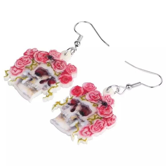 Floral Skull Earring Dia de los Muertos Halloween Pink Lightweight - Picture 2 of 5